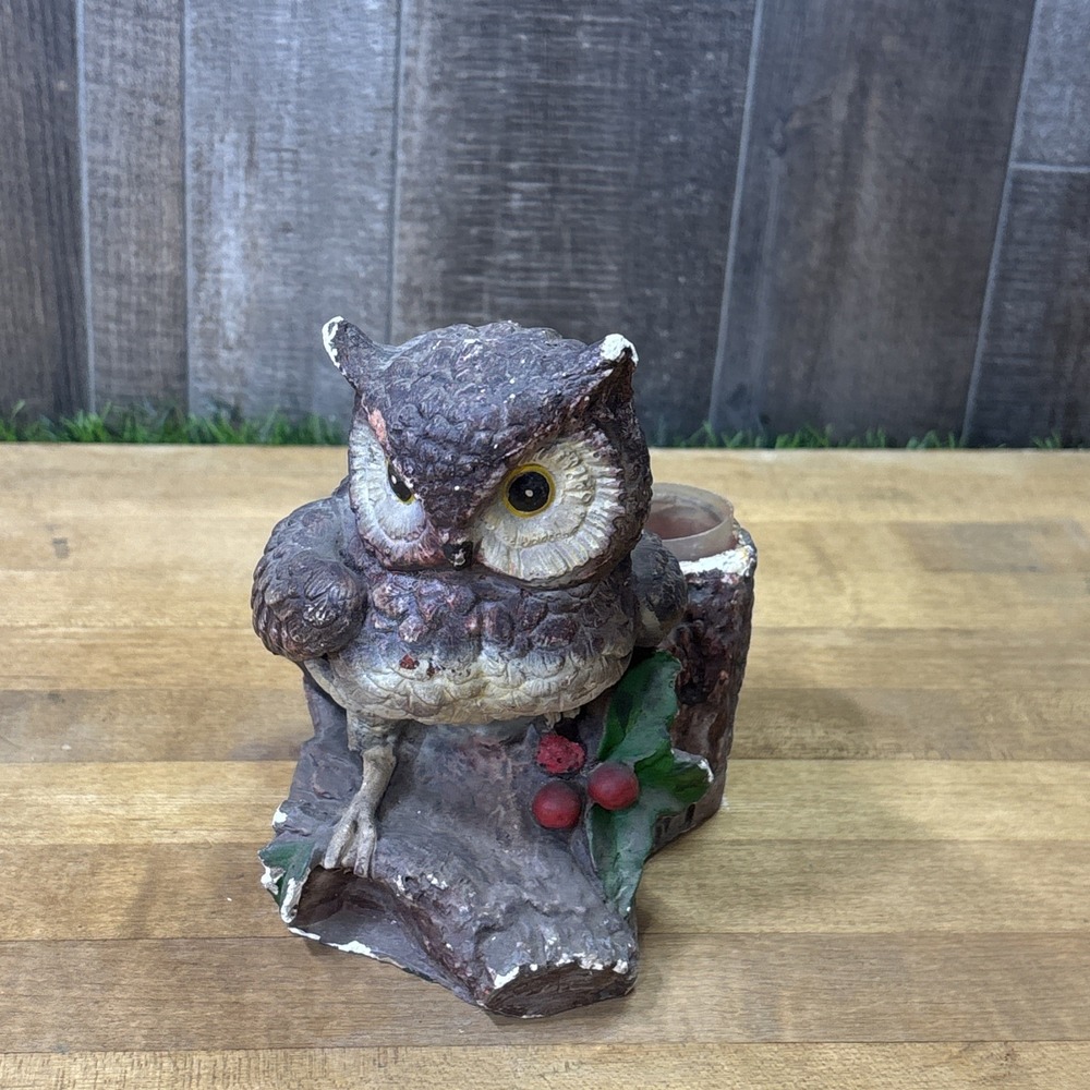 Vintage 1970s UNESCO Owl Figurine Candle Holder Woodland Log Rustic Decor